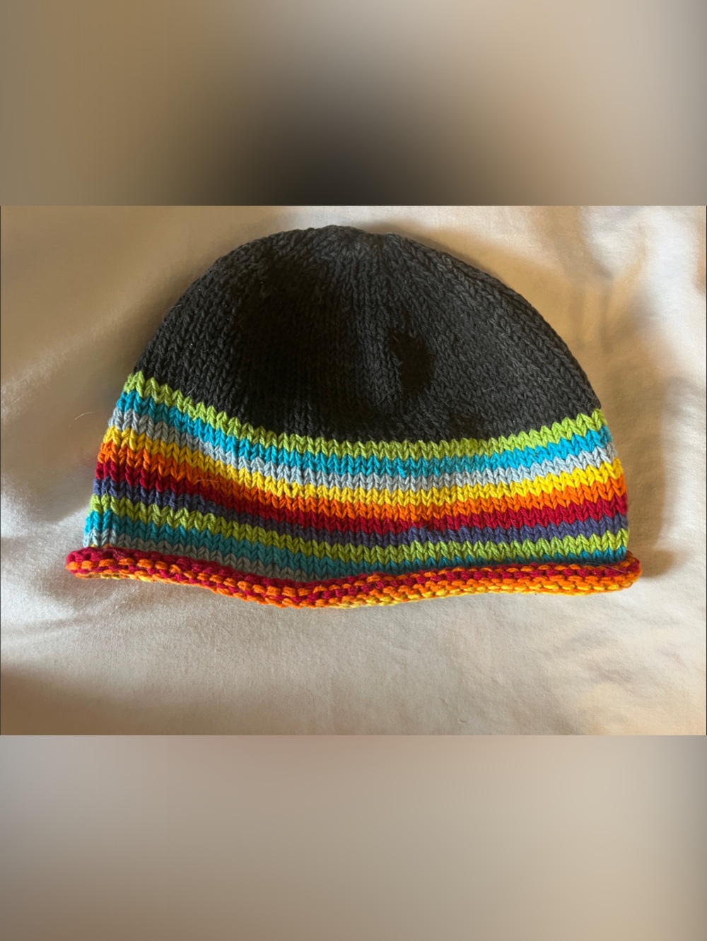 Black Knit Beanie with Multicolor Rainbow Stripe Trim